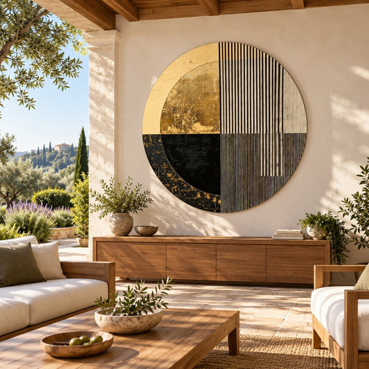 Round aluminium print with a geometric composition displayed on a sunlit terrace