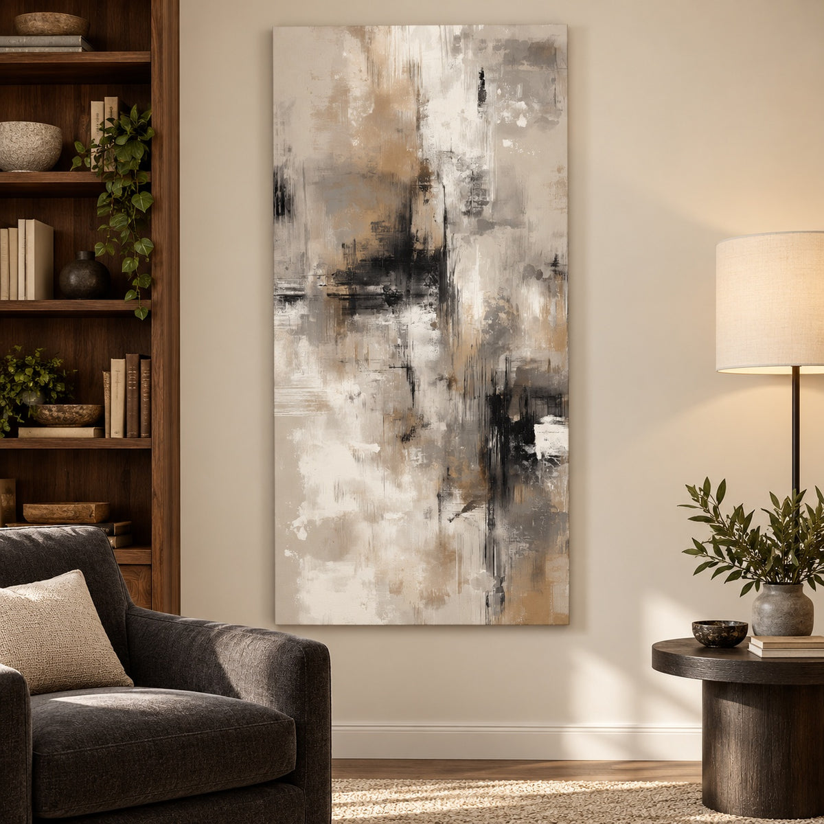 Canvas print with charcoal, taupe, and ivory brushstrokes displayed in a reading corner beside a bookshelf and armchair