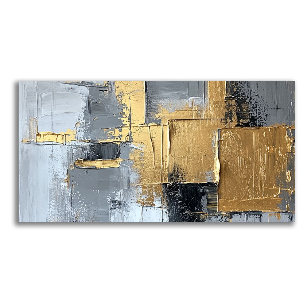 Abstract canvas painting in grey and gold with glossy lacquered highlights