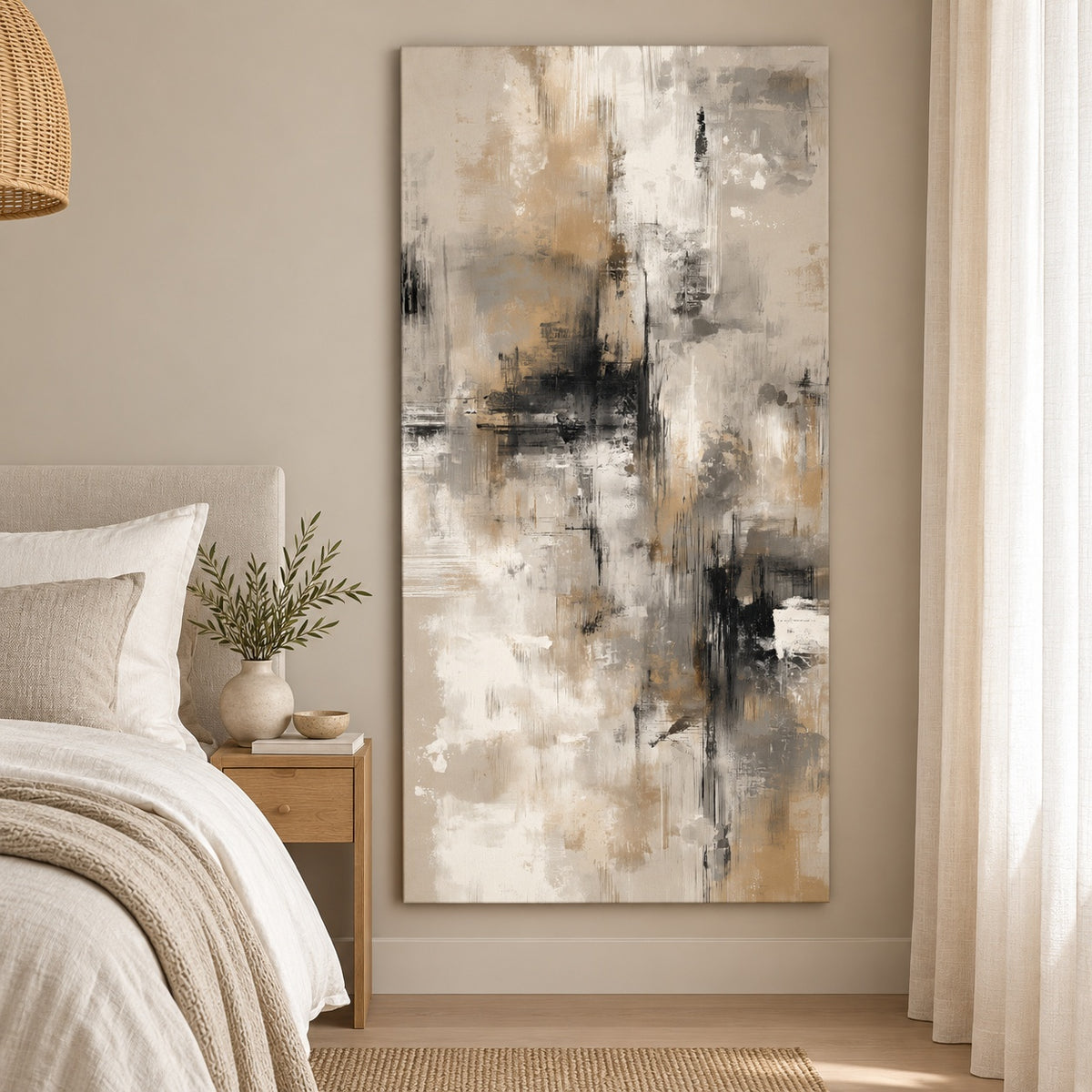 Canvas print with charcoal, taupe, and ivory brushstrokes displayed beside a bed in a sunlit bedroom