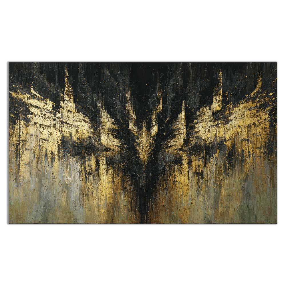 Aliuminio paveikslas „Vidinė Jėga“ – abstrakti juoda ir auksinė kompozicija ant sidabrinio pagrindo.