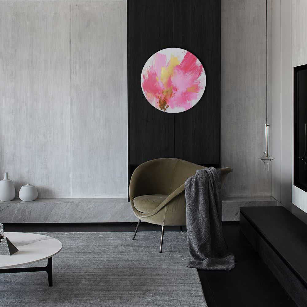 Round aluminum artwork with pink brushstrokes and golden lacquer details