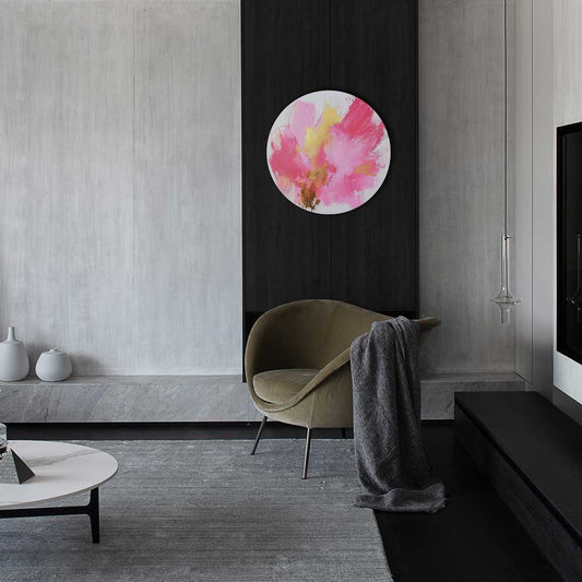 Round aluminum artwork with pink brushstrokes and golden lacquer details