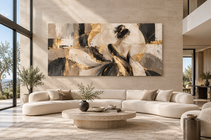 Canvas print of a woman in a gold-accent dress displayed above a sofa in a bright modern living room
