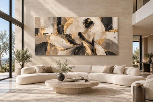 Canvas print of a woman in a gold-accent dress displayed above a sofa in a bright modern living room