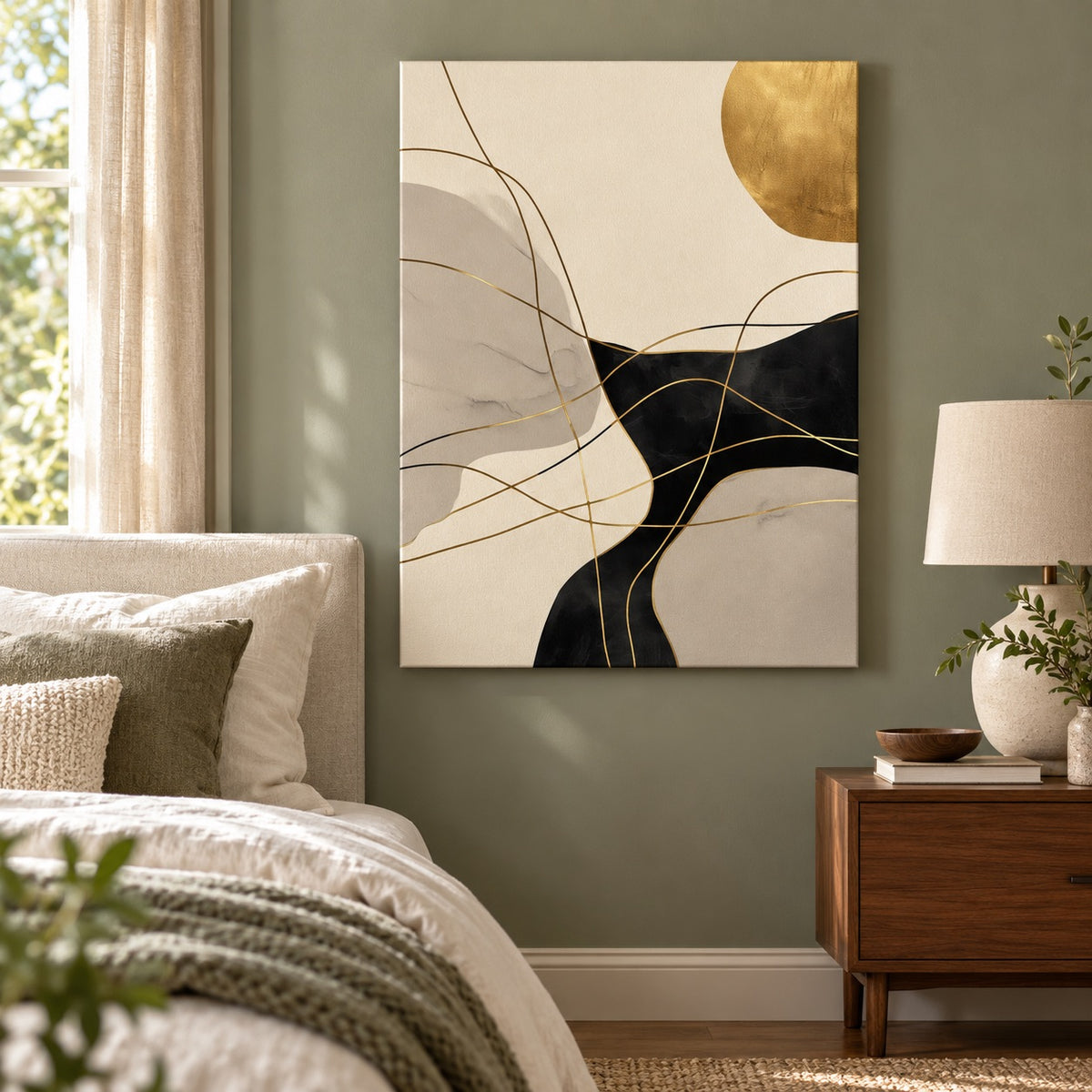 Canvas print with gold-toned varnish line details displayed above a bed in a bedroom