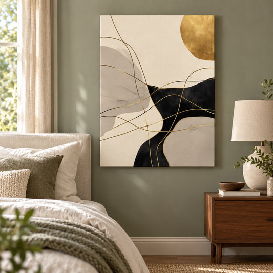 Canvas print with gold-toned varnish line details displayed above a bed in a bedroom