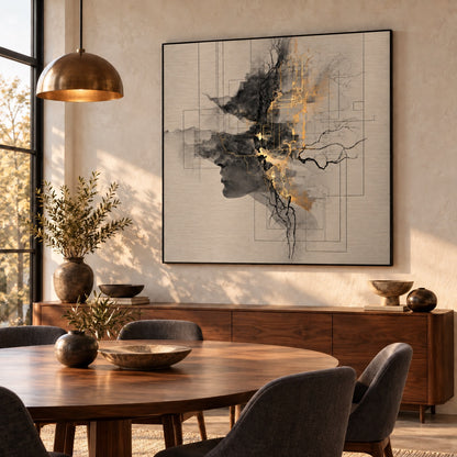 Aluminium print of an abstract silhouette profile with gold circuit-line details displayed above a sideboard in a dining room