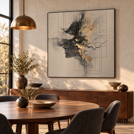 Aluminium print of an abstract silhouette profile with gold circuit-line details displayed above a sideboard in a dining room
