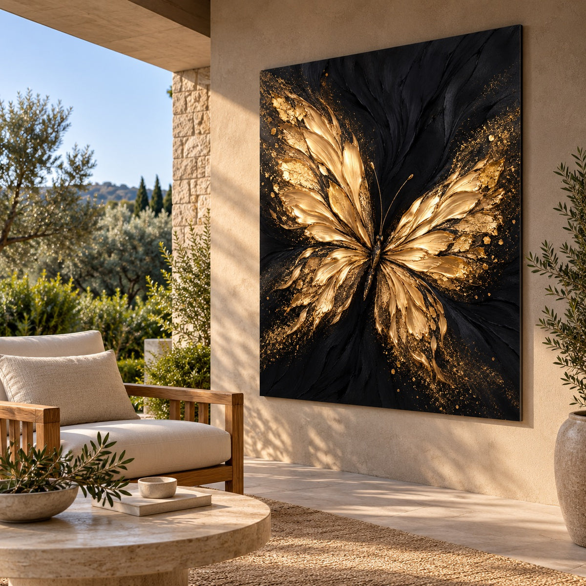 Gold butterfly aluminium artwork displayed on an outdoor villa terrace wall