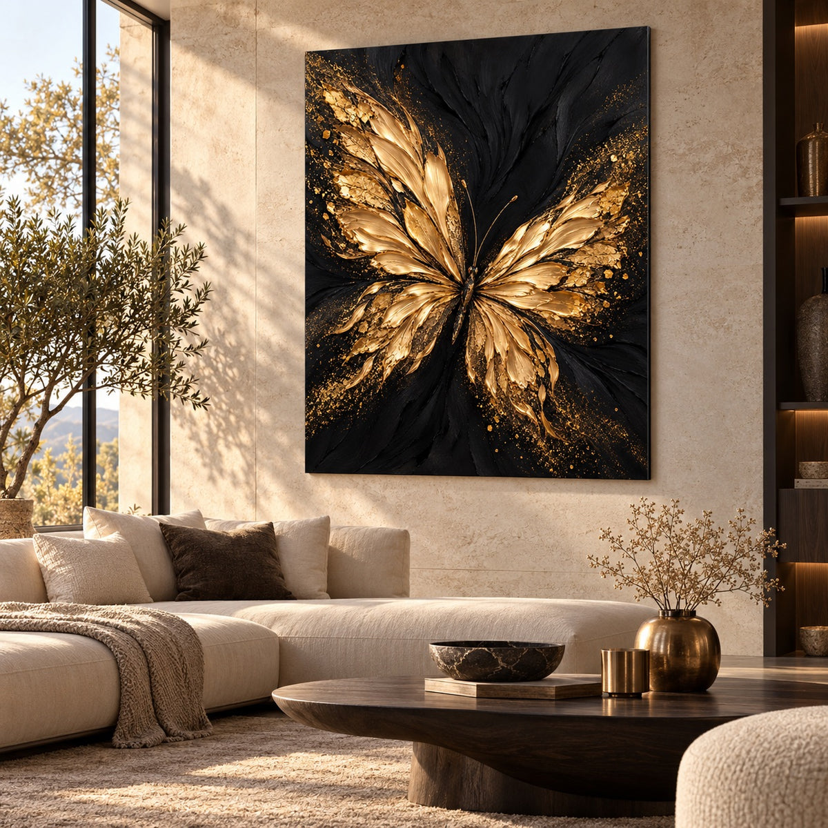Gold butterfly aluminium artwork displayed above a living room sofa