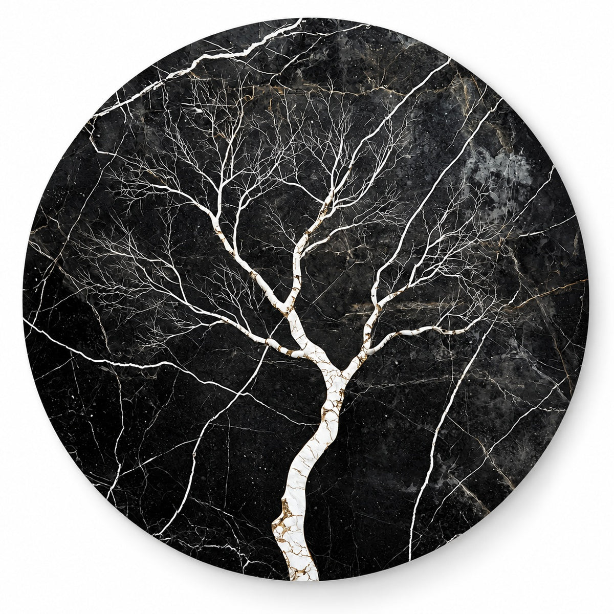 Round aluminium print of white and gold-veined bare tree branches on black marble, shown on white, Round Aluminium + Varnish