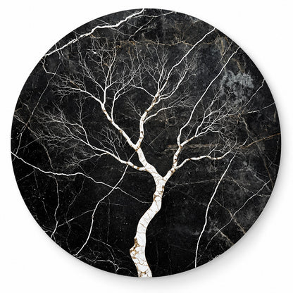 Round aluminium print of white and gold-veined bare tree branches on black marble, shown on white, Round Aluminium + Varnish