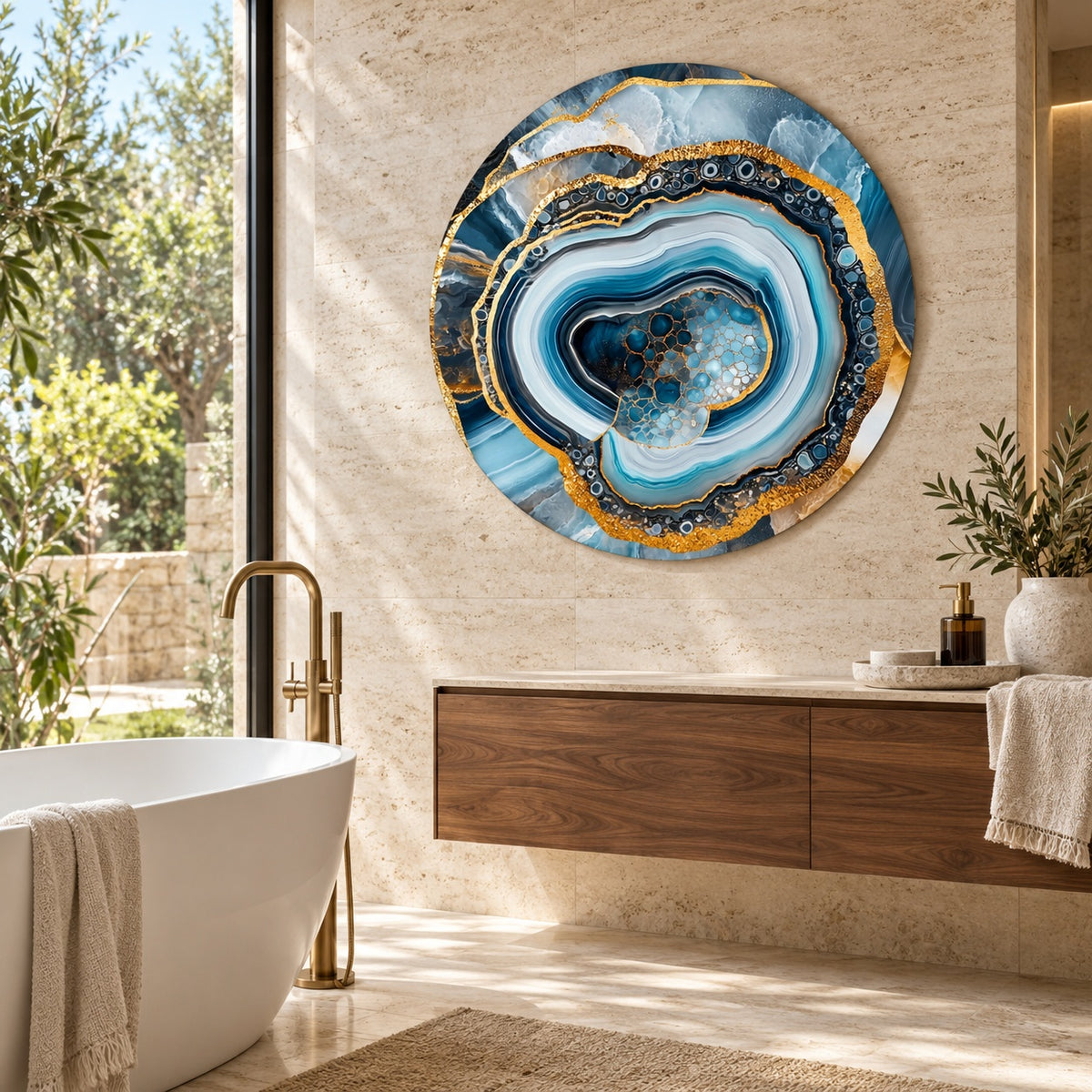 Round aluminium print of a blue agate composition displayed in a luxury bathroom