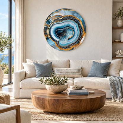 Round aluminium print of a blue agate composition displayed in a coastal living room