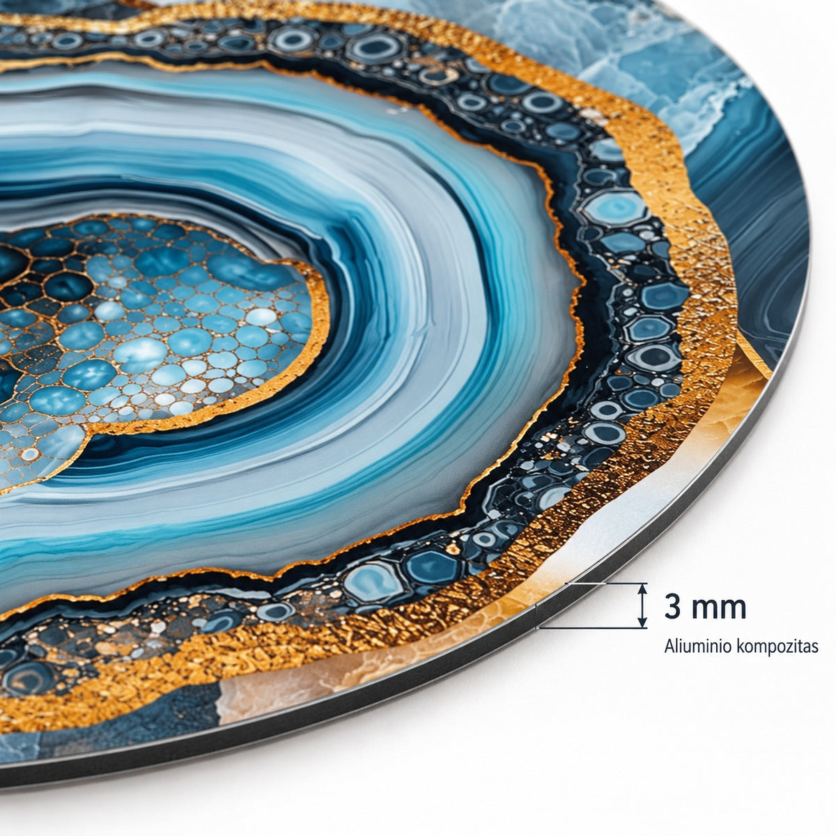 Close-up of the 3 mm aluminium composite panel edge on the round print