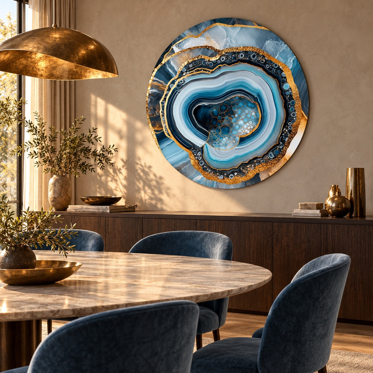 Round aluminium print of a blue agate composition displayed in a luxury dining room