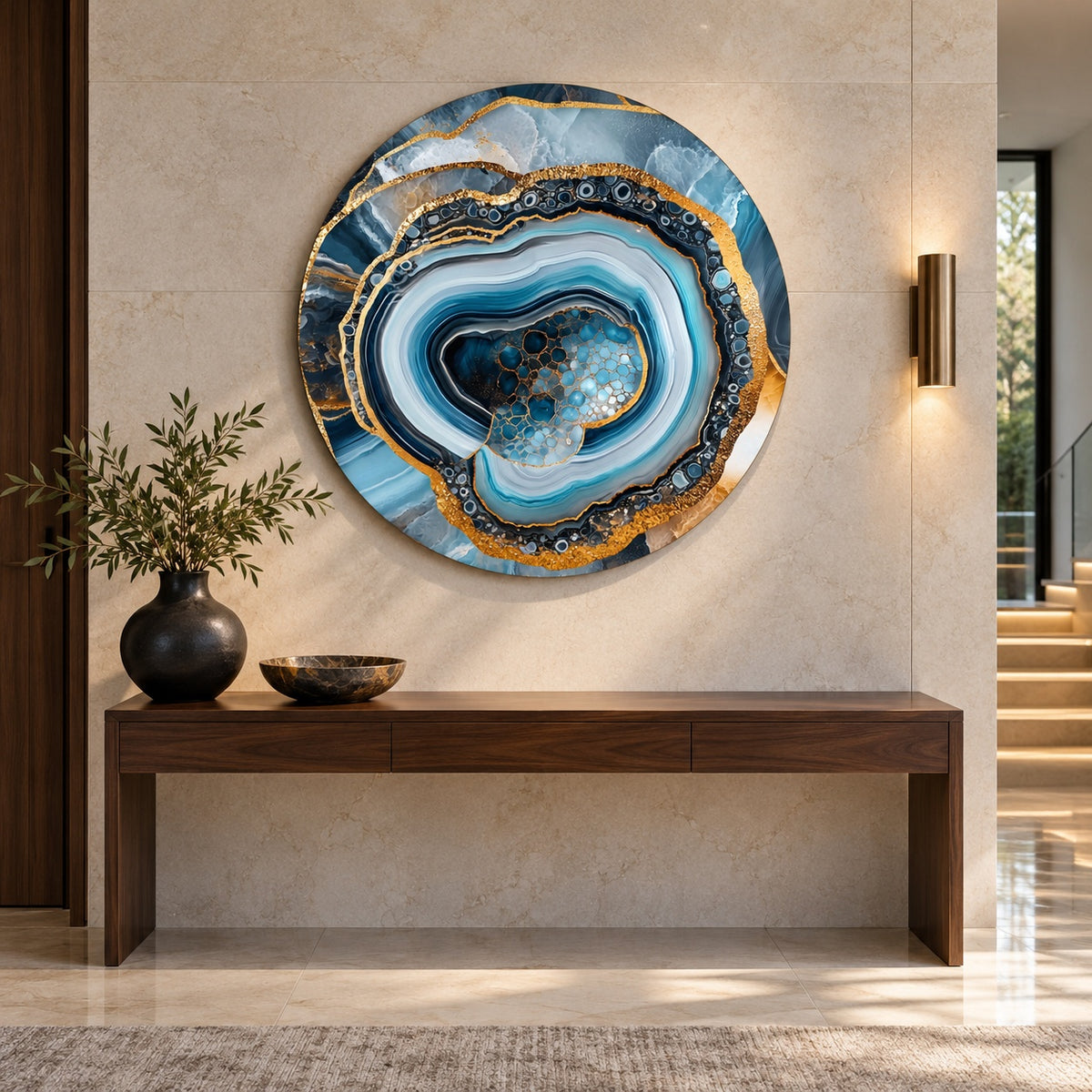 Round aluminium print of a blue agate composition displayed in a luxury entrance