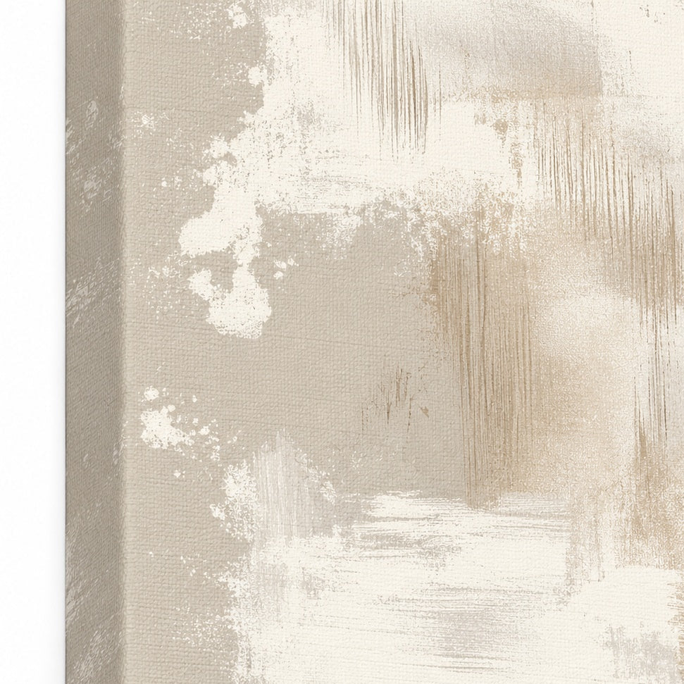 Close-up of the matte canvas surface and brushstroke texture in ivory and taupe tones