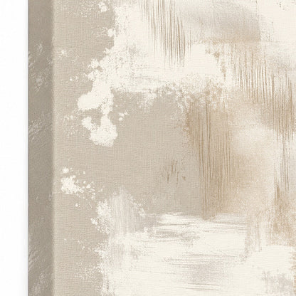 Close-up of the matte canvas surface and brushstroke texture in ivory and taupe tones