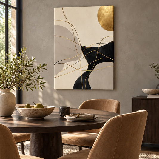 Canvas print with gold-toned varnish line details displayed above a dining table