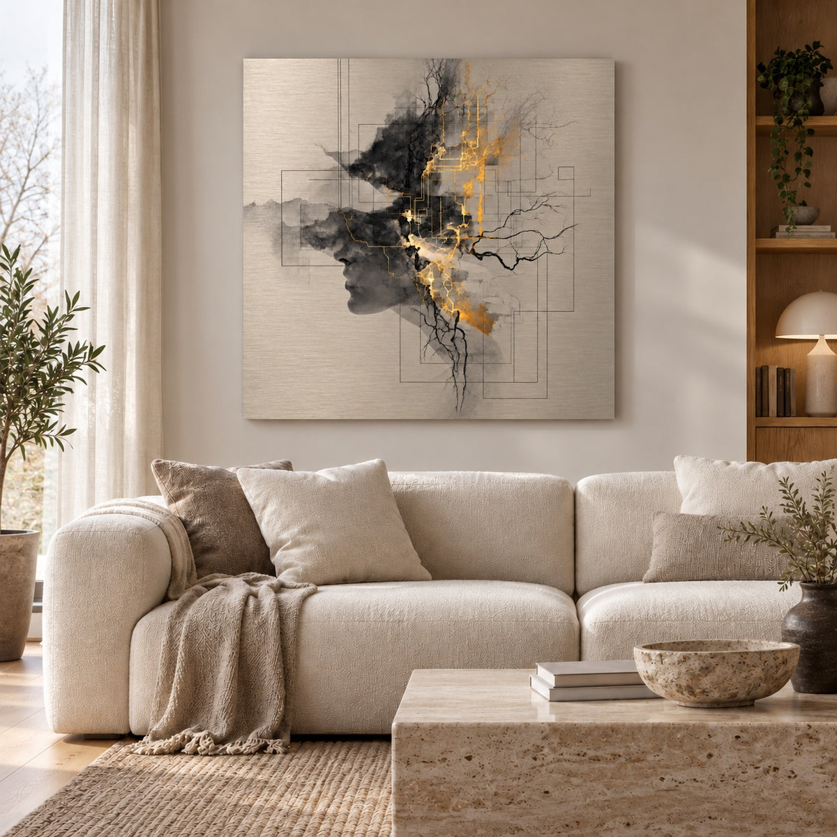 Aluminium print of an abstract silhouette profile with gold circuit-line details displayed above a sofa in a living room