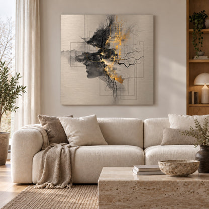 Aluminium print of an abstract silhouette profile with gold circuit-line details displayed above a sofa in a living room