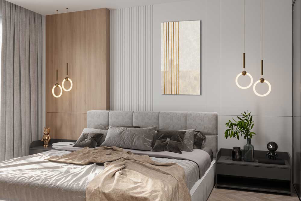 Canvas painting “Line Rhythm” – minimalist vertical golden lines for modern interior.