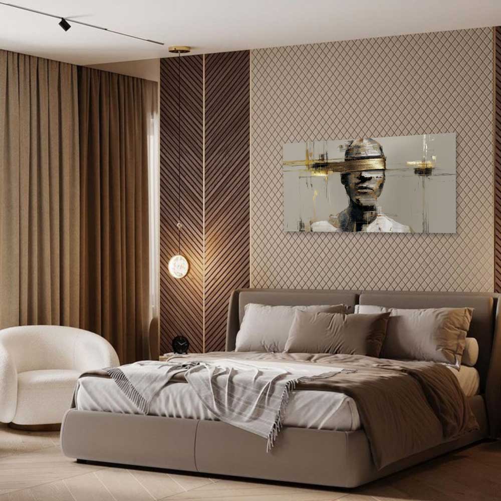 Canvas artwork “Held Thought” – female portrait with closed eyes and selective gold varnish details, modern interior wall art