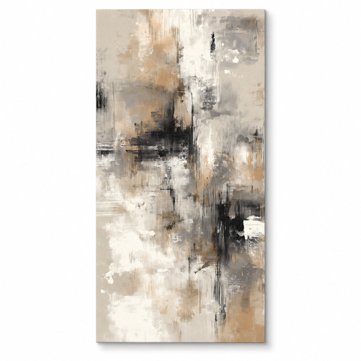 Canvas print of an abstract composition with charcoal, taupe, and ivory brushstrokes and warm gold-toned accents, shown on white, Canvas