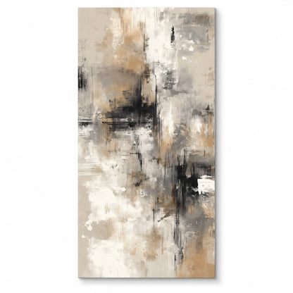 Canvas print of an abstract composition with charcoal, taupe, and ivory brushstrokes and warm gold-toned accents, shown on white, Canvas