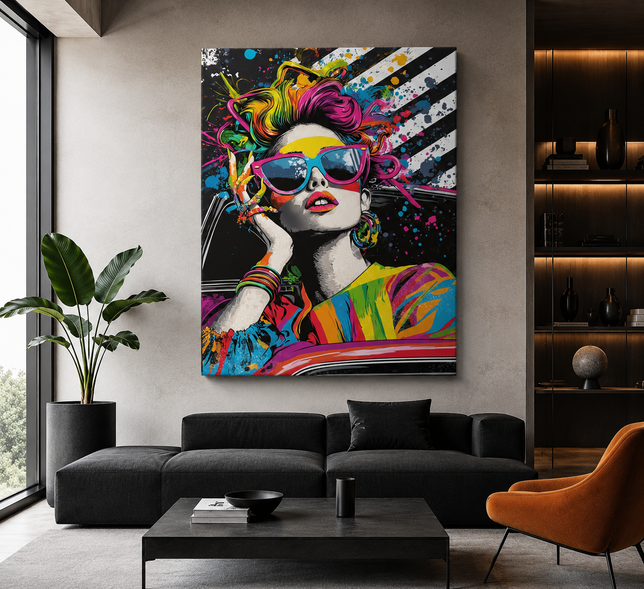 Chromatic Drive colourful pop-art canvas print hanging above a black sofa in a modern living room