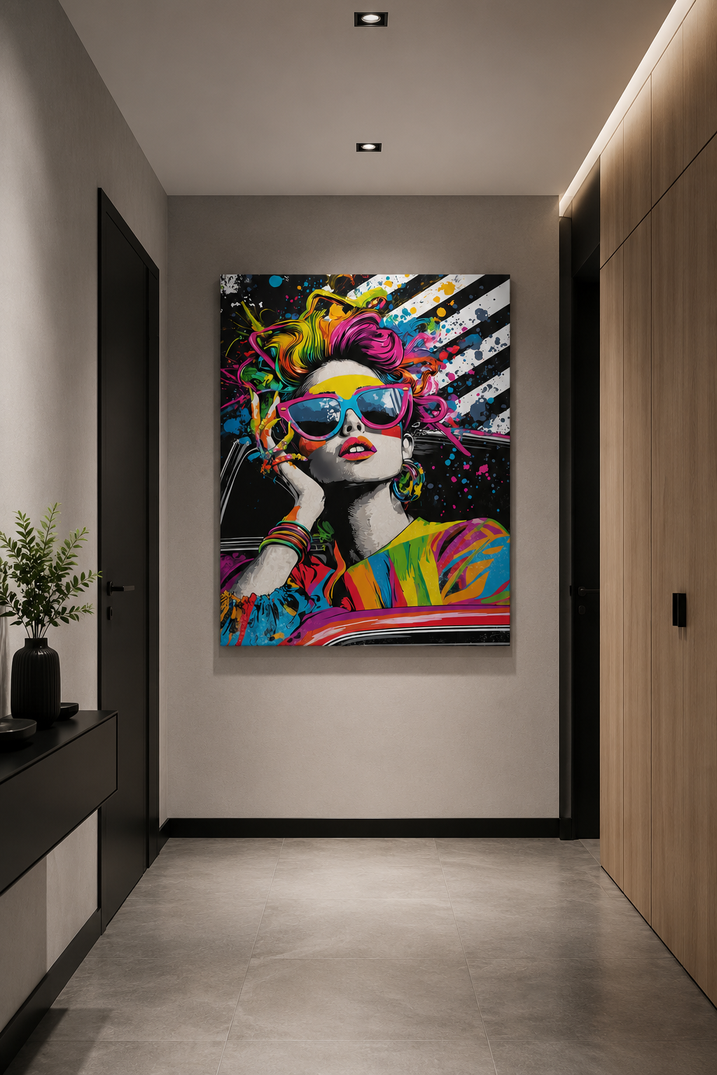 Chromatic Drive colourful pop-art canvas print displayed on a hallway wall beside wood-panelled closet doors
