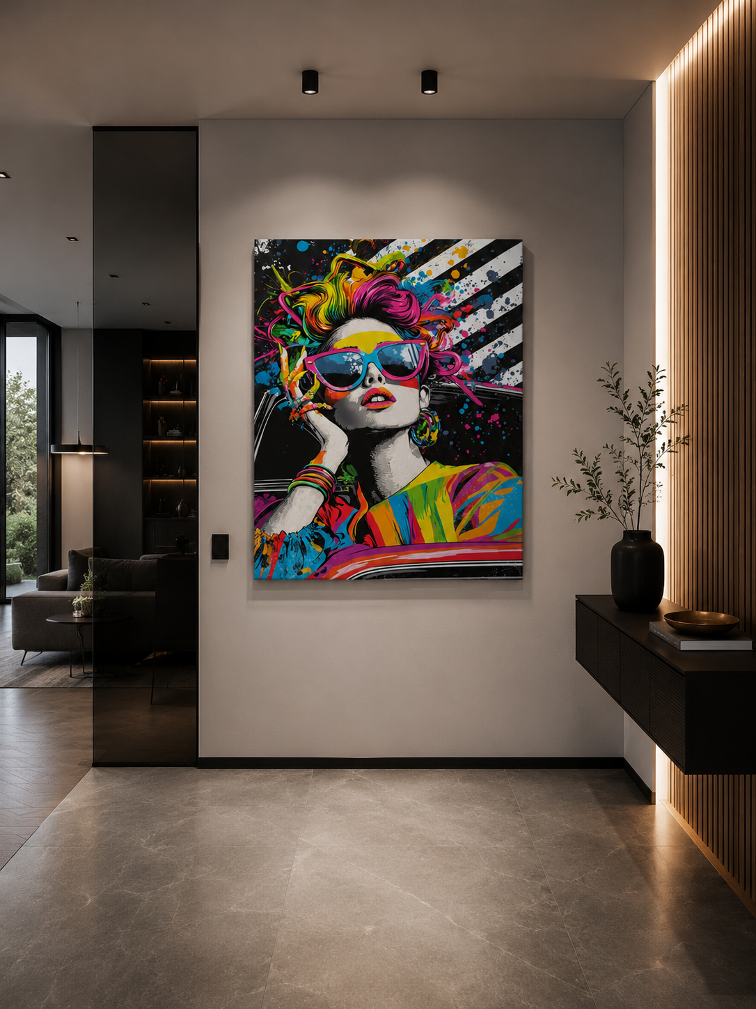 Chromatic Drive colourful pop-art canvas print hanging in a modern entryway hallway above a dark console table