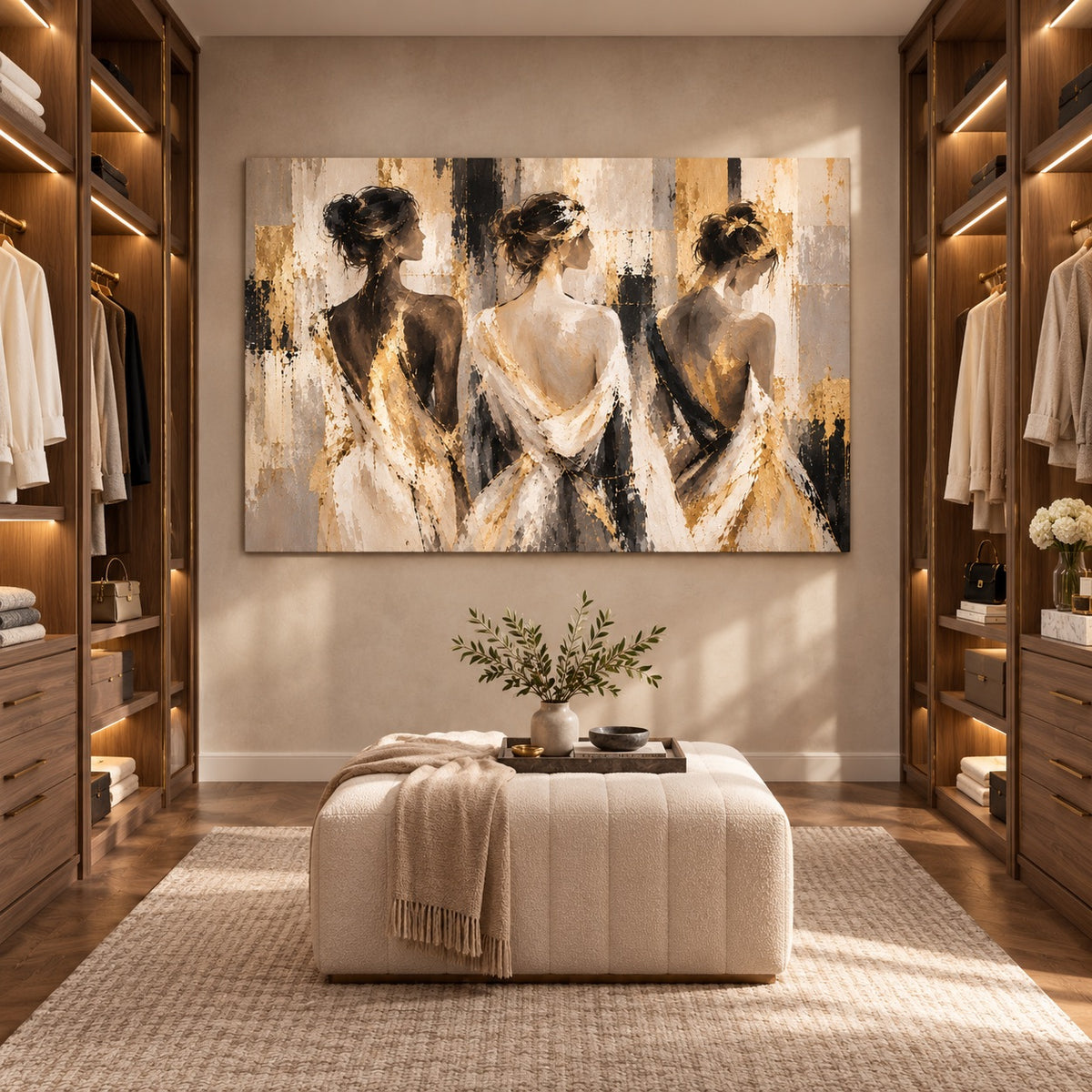 Canvas print of three women in gold-accent dresses displayed above an ottoman in a walk-in closet