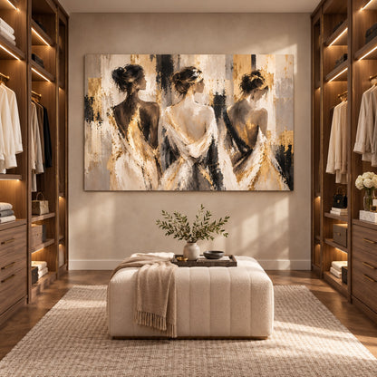 Canvas print of three women in gold-accent dresses displayed above an ottoman in a walk-in closet