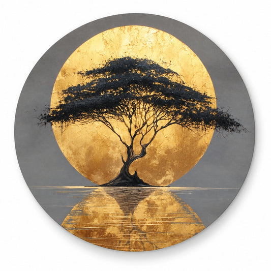 Round aluminium print of an acacia tree silhouette against a gold sun disc with water reflection, shown on white, Round Aluminium + Varnish