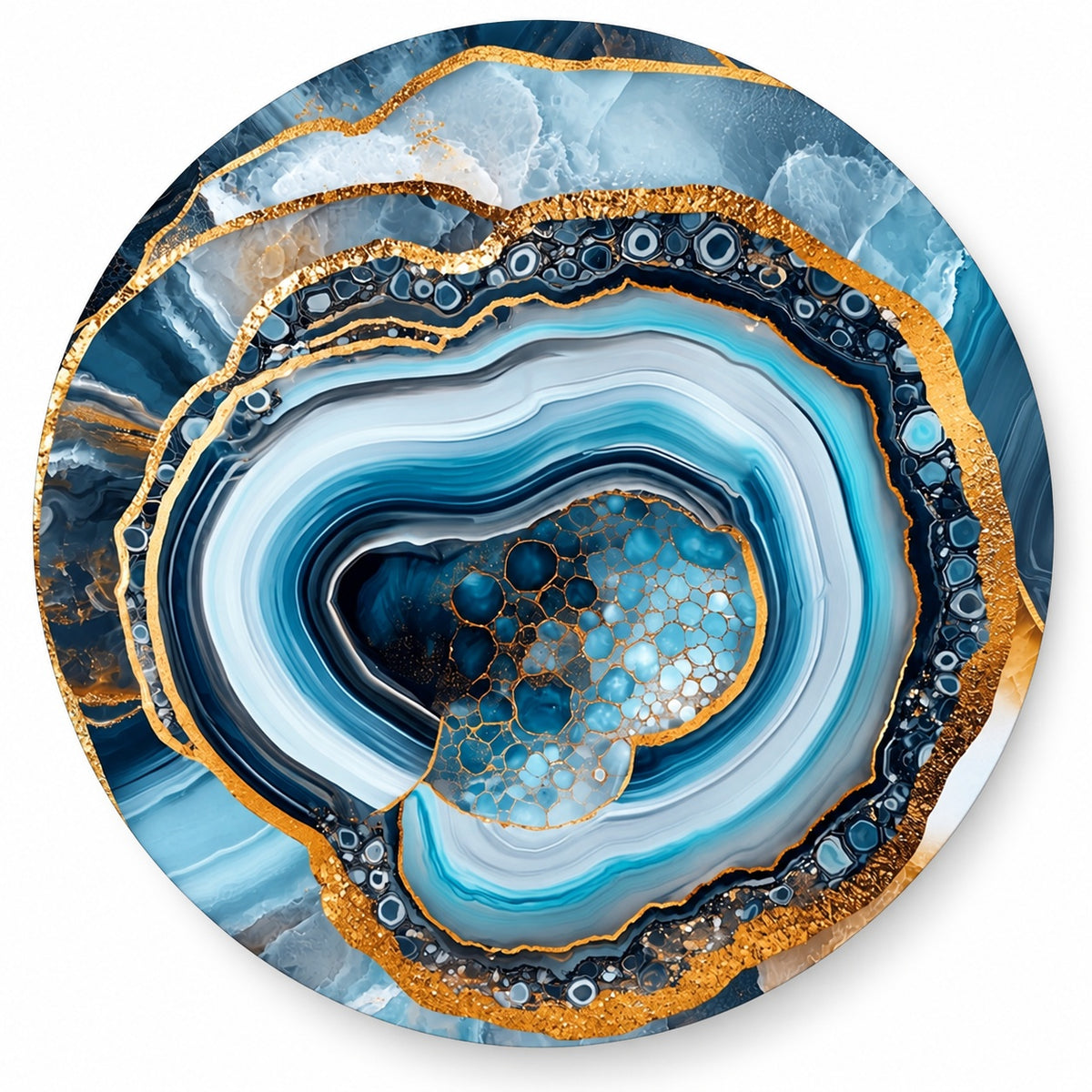 Round aluminium print of a polished blue and white agate stone with gold veining, shown on white, Round Aluminium + Varnish