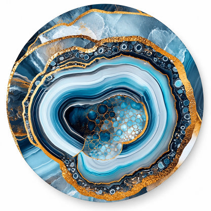 Round aluminium print of a polished blue and white agate stone with gold veining, shown on white, Round Aluminium + Varnish
