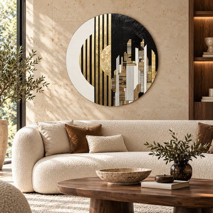 Round aluminium print with a gold city skyline displayed above a sofa in a living room