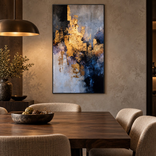 Aluminium print of an abstract gold-leaf and navy composition displayed above a sideboard in a dining room