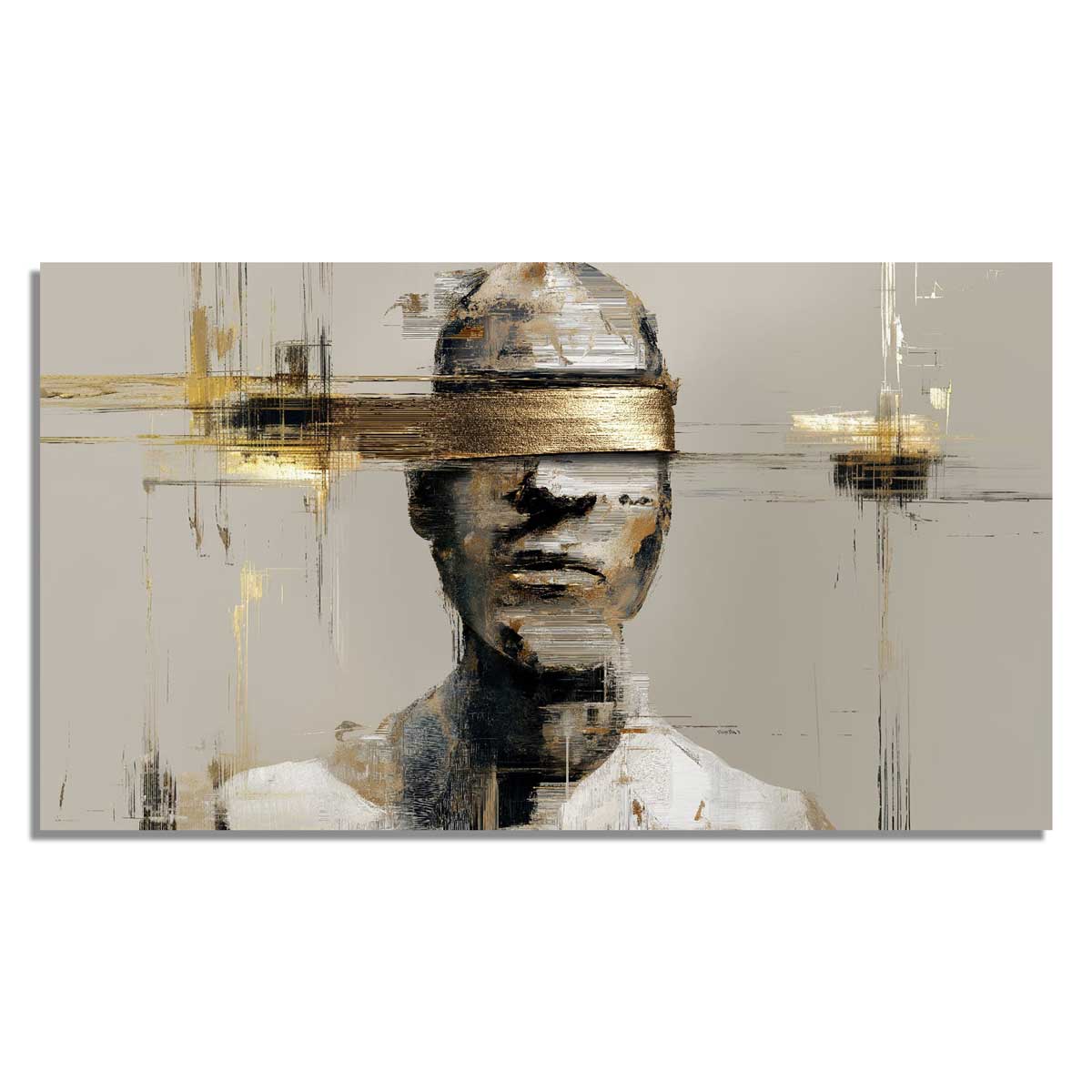 Drobės paveikslas „Sulaikyta Mintis“ – moters portretas su užmerktomis akimis ir auksinėmis lako detalėmis, modernus interjero akcentas