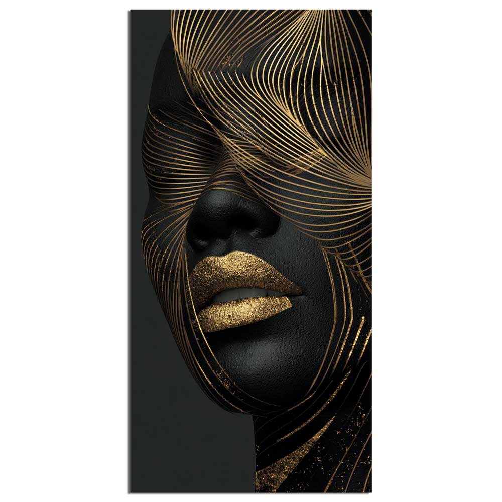 Canvas painting “Luxury Silence” – black woman with golden lacquered lines, modern wall art.