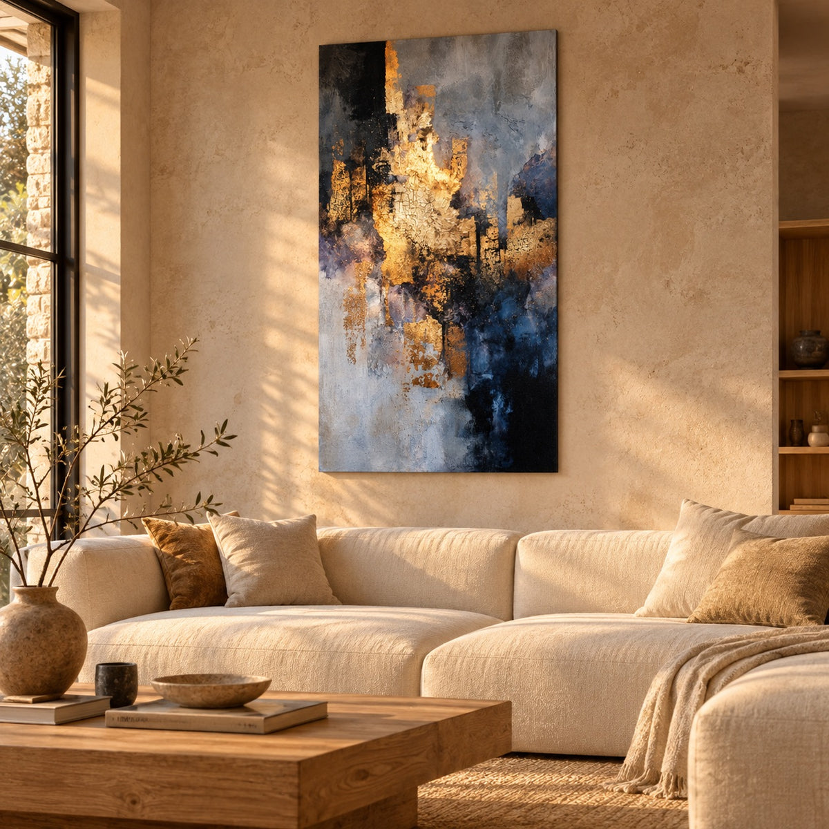 Aluminium print of an abstract gold-leaf and navy composition displayed above a sofa in a living room