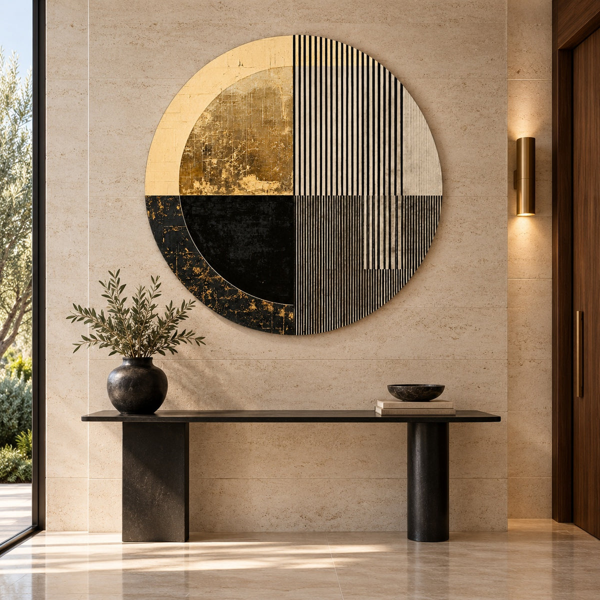 Round aluminium print with a geometric composition displayed in an elegant hallway
