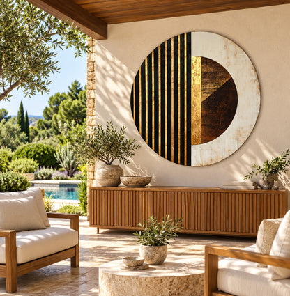 Round aluminium print of the gold-striped composition displayed on a terrace in morning light