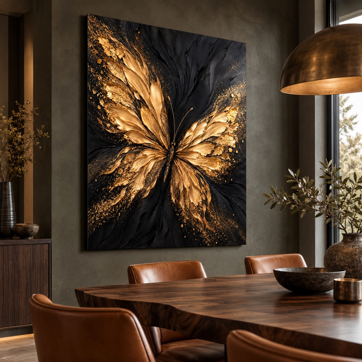 Gold butterfly aluminium artwork displayed in an elegant dining room
