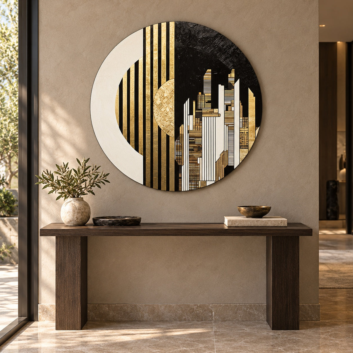 Round aluminium print with gold details displayed above an oak console in an entryway