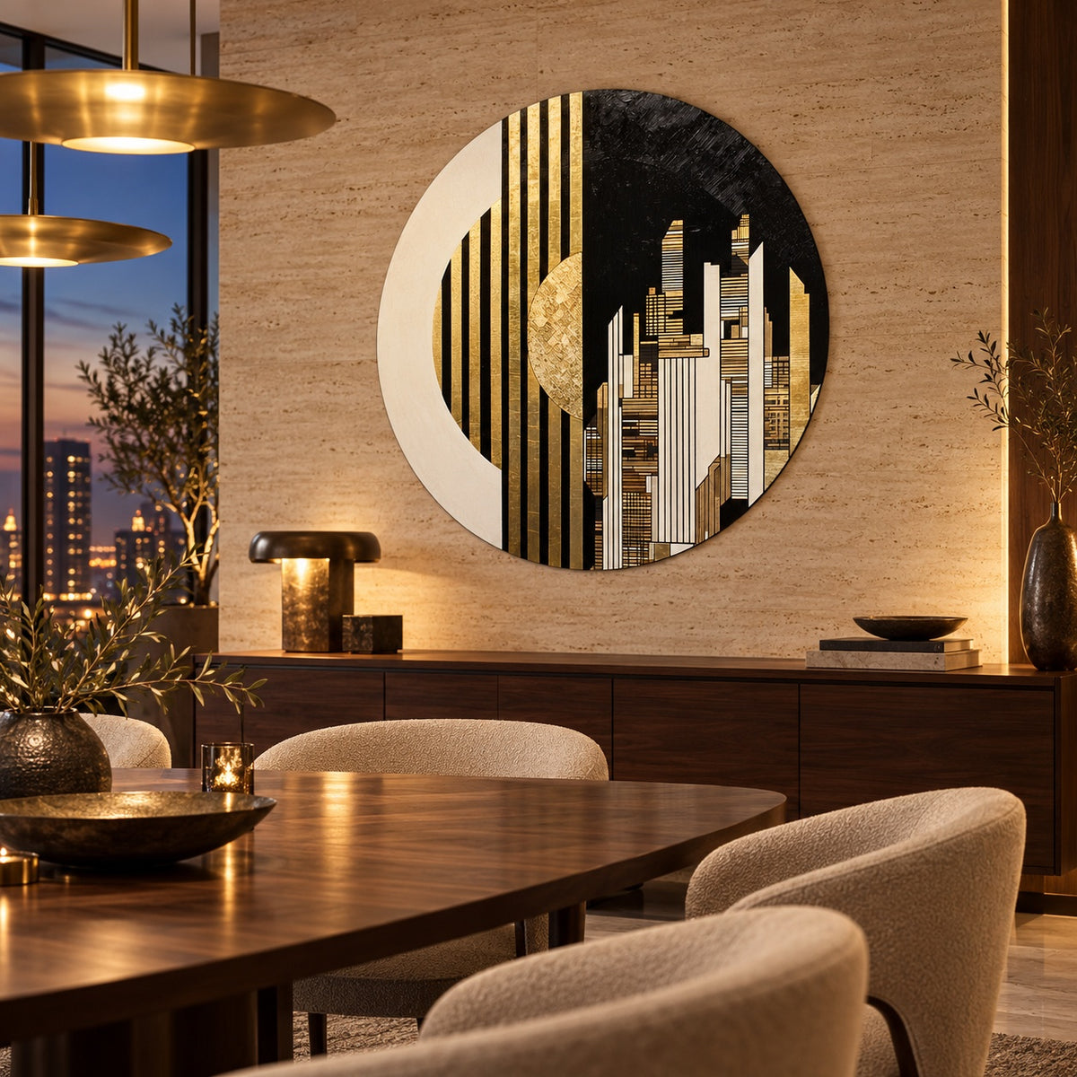 Round aluminium print with a gold city skyline displayed in an evening dining room