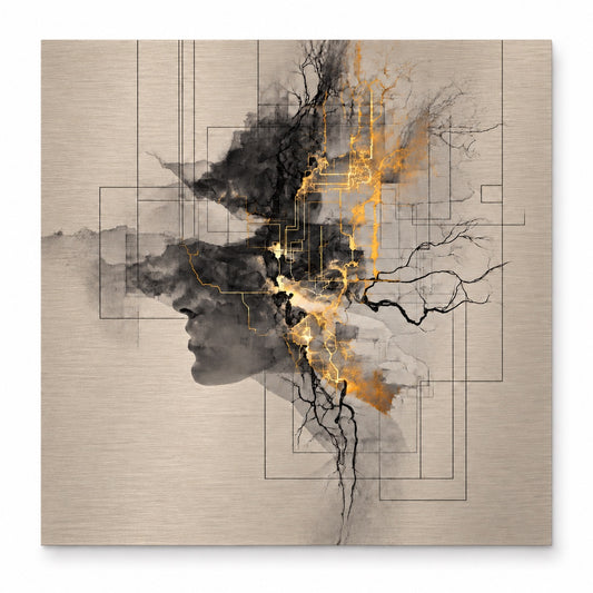 Aluminium print of an abstract silhouette profile with gold circuit-line details on a brushed metallic background, shown on white, Aluminium + Varnish